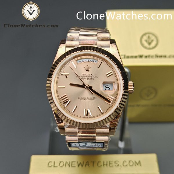 Super Clone Watches – Rolex Day Date 18K Rose Gold Sundust Roman Dial m228235 Presidential Bracelet