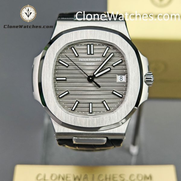 Patek Philippe Super Clone Watches 1:1 Nautilus 5711 Grey Dial Black Leather Strap