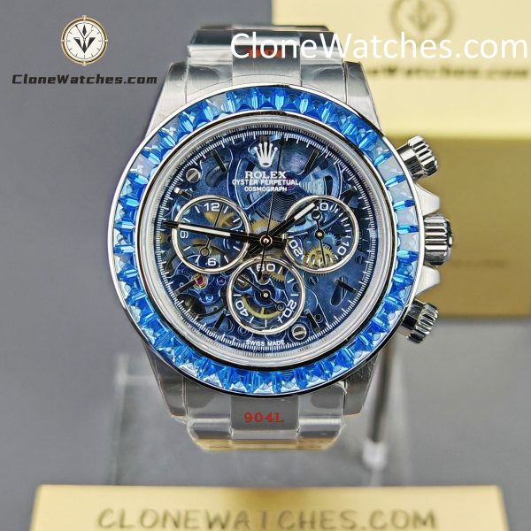 Rolex Super Clone Watches 1:1 Daytona Arolla Blue Crystal Skeleton Dial Diamonds Bezel 4130 Movement