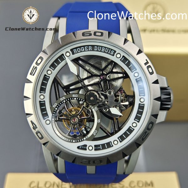 Roger Dubuis Super Clone Watches 1:1 Excalibur Skeleton  Tourbillon RDDBEX0479 45MM Blue Strap