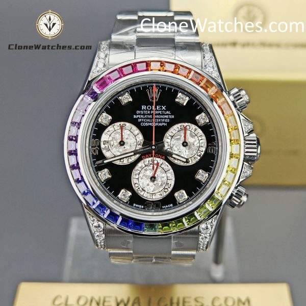 Rolex Super Clone Watches 1:1 Daytona 116599RBOW Rainbow Black Diamonds Dial 4130 Movement
