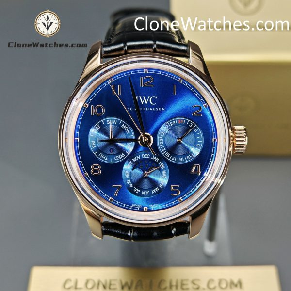 IWC Super Clone Watches 1:1 Portugieser Rose Gold Blue Dial Perpetual Calendar 42MM IW344205