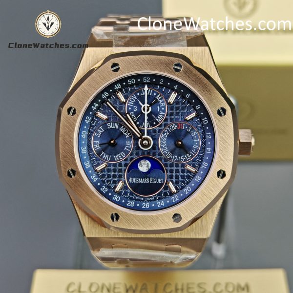 Audemars Piguet Super Clone Watches 1:1 Royal Oak Perpetual Calendar Rose Gold Blue Dial 26574OR 41MM