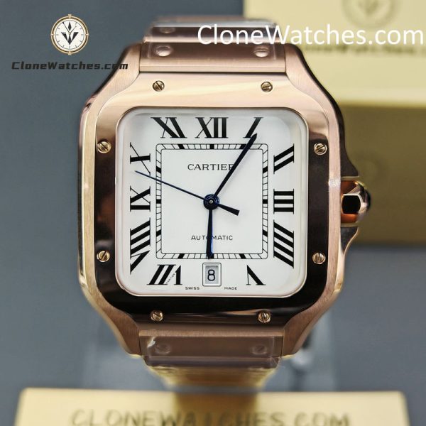 Cartier Super Clone Watches 1:1 Santos Rose Gold White Dial 39.8MM WGSA0018