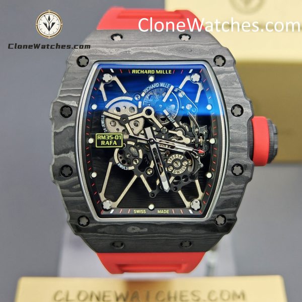 Richard Mille Super Clone Watches 1:1 RM 035 – 01 Carbon Tourbillon Red Strap