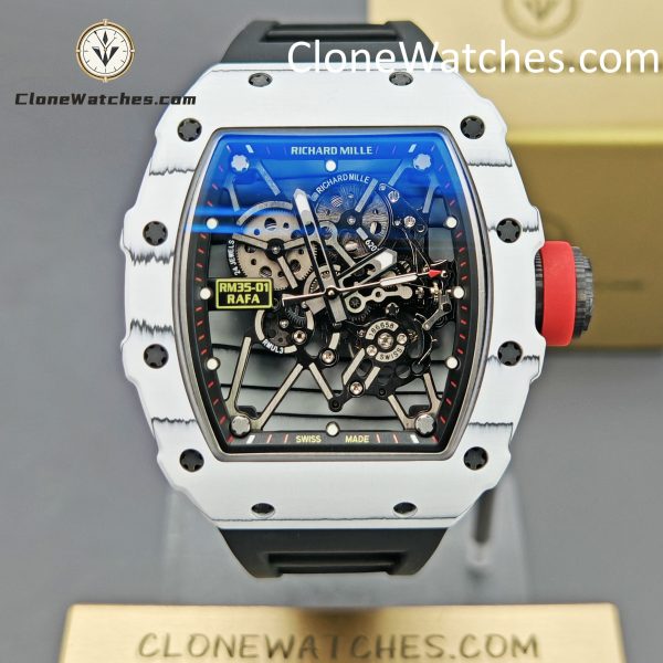 Richard Mille Super Clone Watches 1:1 RM 035 – 01 White Carbon Tourbillon Black Strap
