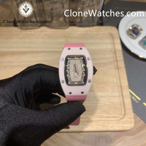 Richard Mille Super Clone Watches 1:1 RM 07 - 01 Pink Ceramic Diamond Dial Pink Strap