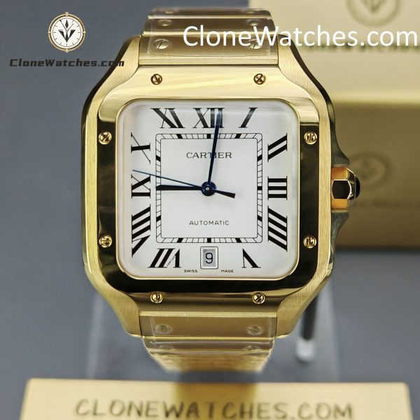 Cartier Super Clone Watches 1:1 Santos 18K Gold White Dial 39.8MM WGSA0009