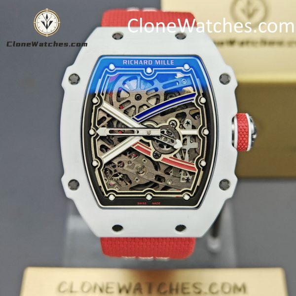 Richard Mille Super Clone Watches 1:1 RM 67 – 02 White Carbon Tourbillon Red Strap