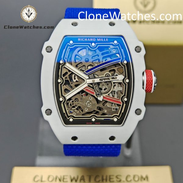 Richard Mille Super Clone Watches 1:1 RM 67 – 02 White Carbon Tourbillon Blue Strap